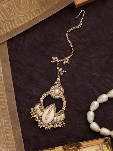 Image of Traditional Cowrie Shell & Pearl Maang Tikka for Haldi Ceremony | Gold-Tone Kundan Beaded Indian Ethnic Maatha Patti with Shell & Pearl Drops | Mehndi Sangeet Wedding Head Jewellery for Women & Girls