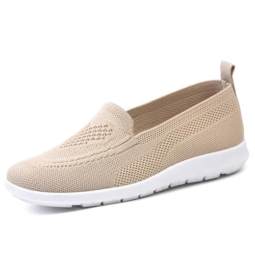 XAIODRAGONSKY Womens Slip On Loafer Shoes Mesh Lightweight Flat Shoes for Women Low-Top Round Toe Knit Memory Foam Sneaker, Khaki, 7.5