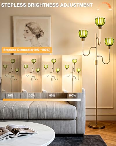 Image of Lightdot Dimmable Green Glass Floor Lamp Mid Century Modern Gold Floor Lamps with Warm White Bulbs Included 3-Arm Standing Tall Lamp with 5Lbs Heavy Base for Living Room /Bedroom /Home Office
