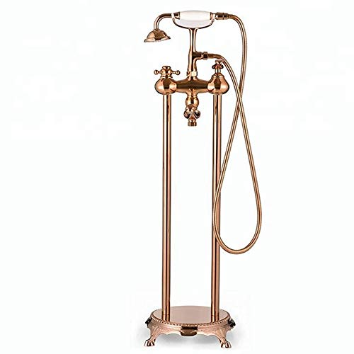 Robinet de baignoire autoportant en laiton or rose avec douchette et double commande