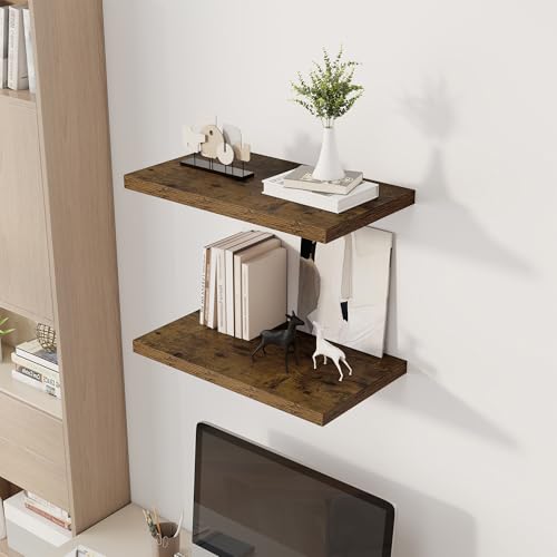 Image of Dreamland 24 inch Floating Shelves for Wall, 12 inch Deep Slim Rustic Brown Floating Shelves, Wall-Mounted Shelves for Bedroom, Living Room, Kitchen, Bathroom - Set of 2