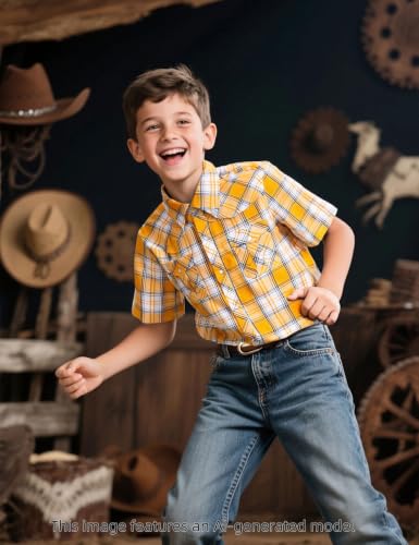 Image of COSLAND Boy's Toddler Cotton Western Short Sleeve Button Down Plaid Shirt, 4-14 Years