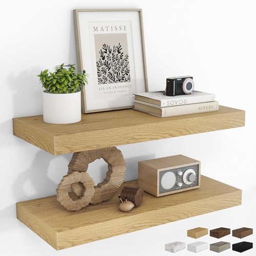 RICHFOCUS 24Inch Floating Shelves for Wall 2 Pack Shelves for Bedroom|Kitchen|Bathroom Wall Mounted Rustic Wood Floating Shelf with Invisible Brackets for Books|Storage|Decor Oak