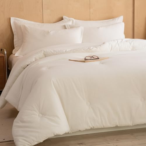 Image of Cyusri Cotton Solid Full Comforter Set - Soft Lightweight Bedding 3 Pieces Dyed Bed Set with 2 Pillow Shams,Reversible All Season Farmhouse Down Alternative(Full Size 80 inchx90 inch White)