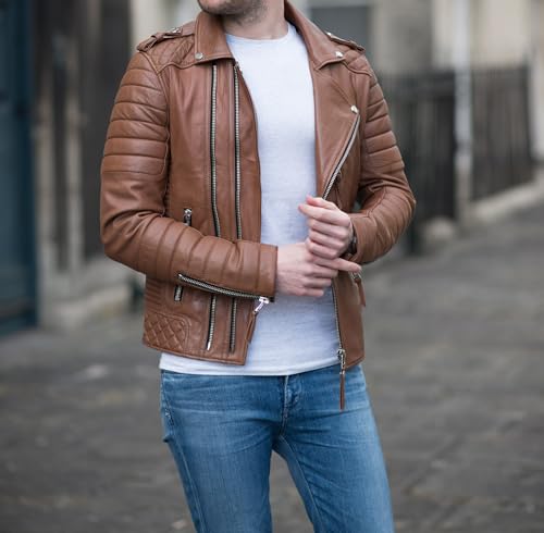 Image of Mens Leather Jacket - Biker Leather Jacket For Men - Lightweight Slim Mens Leather Motorcycle Jackets Black Real Lambskin