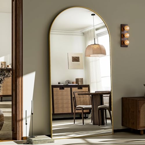GLSLAND-30x71 inch Wall Mount Arched Full Length Mirror-Aluminum Alloy Frame High Definition-Full Body Mirror for Bedroom or Living Room,Gold