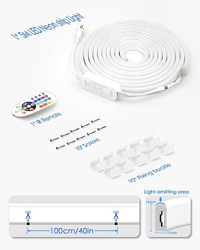 Image of RGB LED Neon Strip Lights 16.4FT /5M Outdoor Waterproof Neon LED Rope Light AC 110V~130V Color Change Dimmable Flexible Led Rope Lights with Remote Controller for Bedroom Game Room Home Decor