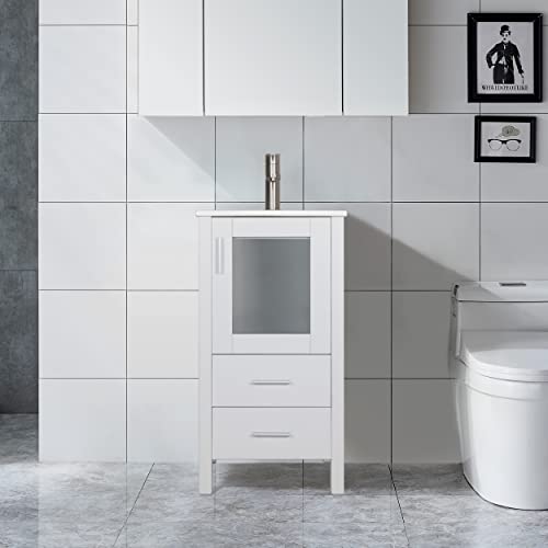 Eclife 16" Bathroom Vanity Cabinet With Undermount Ceramic Sink Combo, Small Mdf Bathroom Vanities Pedestal Cabinet W/ 1 Door & 2 Drawers,White #TOP19