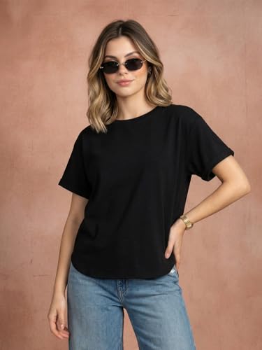 Image of JUNEBERRY Pure 100% Cotton Oversized Loose Fit Drop Shoulder Round Neck Boyfriend Fit Solid Half Sleeves T-Shirt for Women & Girls (Sizes: S to 2XL)
