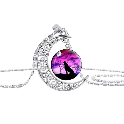 Linsh Dome Moon Howling Wolf Time Gems Pendant Necklaces Hollow Out Carved Fashion Jewelry(Style 1)