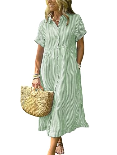 ebossy Women's Boho Striped Shirt Dress Button Up Side Slit Loose Mid Long Cotton Dress with Pockets (L, Green)