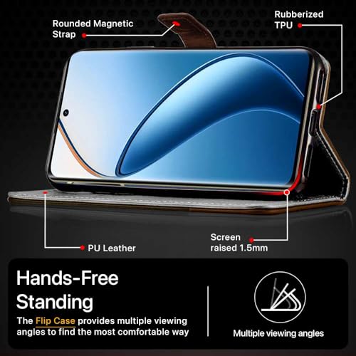 Image of Flipped Vegan Leather Flip Case Back Cover for Realme 12 Pro 5G | Realme 12 Pro Plus 5G (Flexible, Shock Proof | Hand Stitched Leather Finish | Card Pockets Wallet & Stand | Coffee with Brown)