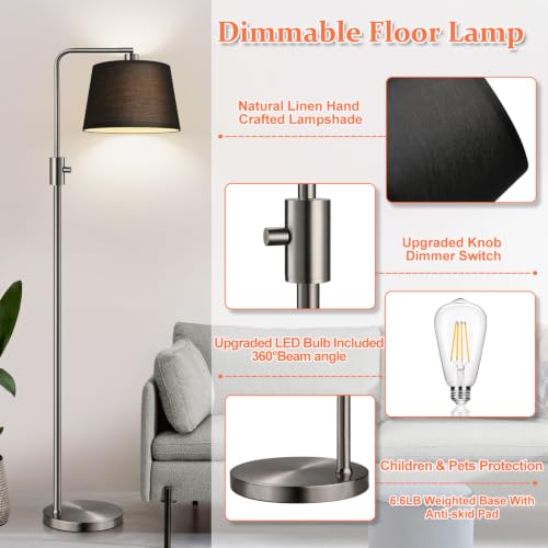 Image of Nintiue 【Upgraded】 Dimmable Floor Lamp, 1000 Lumens LED Edison Bulb Included, Brushed Nickel Arc Floor Lamps Modern Standing Lamp with Black Shade, Tall Lamps for Living Room Bedroom