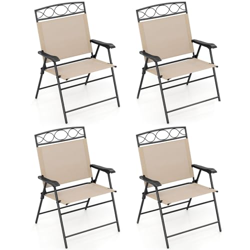 Image of Giantex Set of 4 Patio Folding Chairs, Outdoor Dining Chairs for Camping, Beach, Backyard, Deck, Portable Dining Chair w /Armrest and Metal Frame, Beige