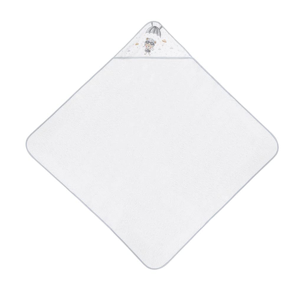 Interbaby - Capa de Baño Bebe Blanco/Gris | Toalla Bebe con Capucha 100% Algodón, 100x100cm, Unisex | Suave, Cómoda, Secado Rápido | Ideal Recién Nacidos, Bebes y Niños Pequeños | Diseño Paracaidista