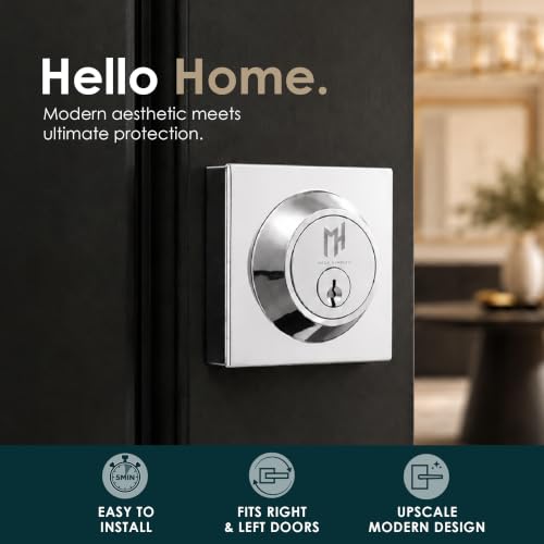 Image of Mega Handles - Prime Deadbolt I Entry Deadbolt Lock - Heavy Duty Square Locking Deadbolt for Left or Right-Handed Doors - Interior /Exterior - Polished Chrome