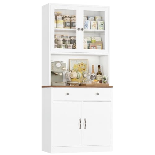 HOCSOK Buffet Cuisine, Armoire de Cuisine, Vitrine en Verre avec Étagères Réglables, 2 Portes Vitrées, Tiroirs et Micro-Ondes, Meuble de Rangement pour...