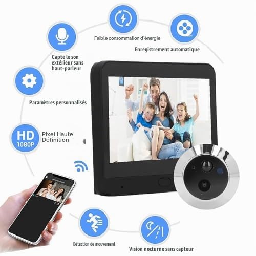 Caméra Judas pour Visionneuse de Porte, Sonnette Vidéo Numérique WiFi avec Vision Nocturne et Détection de Mouvement, Caméra de Porte Numérique à écran LCD IPS de 4,3 Pouces