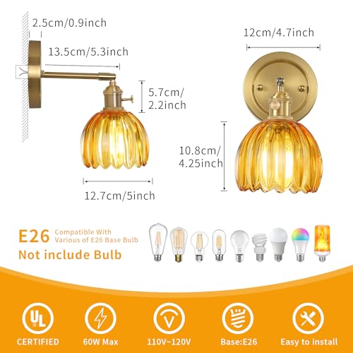 Image of Wall Sconces Set of 2 Vintage Wall Lights Indoor with Amber Glass Shade 180Adjustable,Twist Switch Modern Wall Lighting Fixture for Bedroom Bathroom Doorway Vanity Entryway Living Room