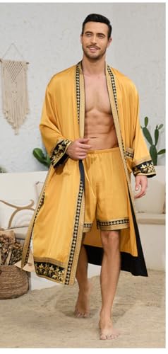 Men's Satin Robe with Shorts Set Silky Kimono Bathrobe Lightweight Soft 2 Piece Open Front Long Cardigan Sleepwear3