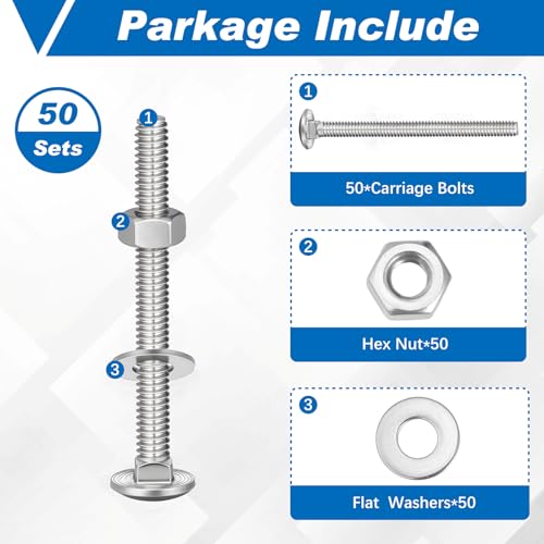 Image of Zonon 50 Sets 5 /16-18 x 3 Stainless Steel Carriage Bolts and Nuts Kit Round Head Square Neck Carriage Bolts Screws and Hex Nuts and Flat Washers, Stainless 18-8 Full Thread Coverage (Silver)