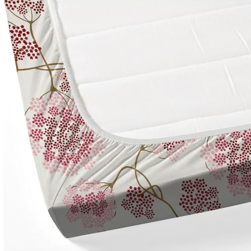 Image of Swayam Roto Cotton King Fitted Bedsheet with 2 Pillow Covers | Size 72 x 78 x 10 inch | 144 TC | Floral Design | Soft Breathable Bed Sheet | Comfortable & Durable for Bedroom - Beige & Purple