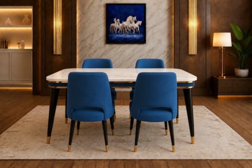 Image of WOODEN SPACE 4 Seater Wooden Dining Table Set | Urban Marble Top Dining Table with Chairs for Dining Room & Kitchen (Modern Vintage Blue) (54 x 36 x 30 inch)