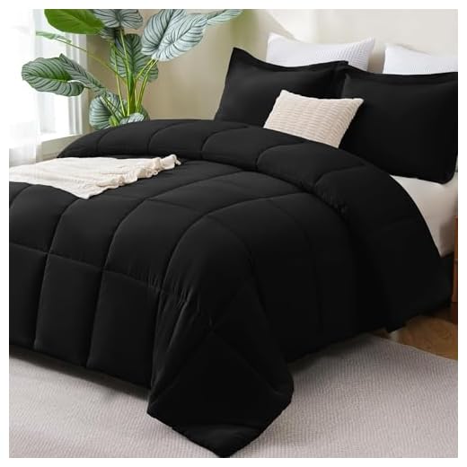 CozyLux Queen Comforter Set, 3-Piece Box-Stitched, Black