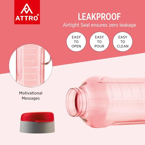 Image of ATTRO Ultra Pro 2 Motivational 2-Liter BPA-Free Water Bottle with Leak-Proof Flip-Top Cap, Nylon Strap and Stylish Red Color for Daily Hydration-Set Of 2