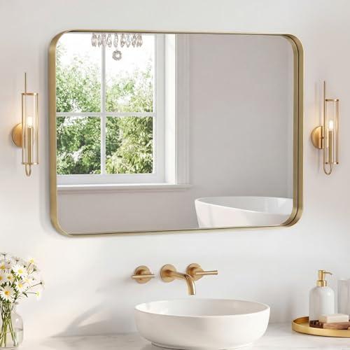 Image of Sweetcrispy Bathroom Mirror 40x32 Inch Metal Framed Rounded Rectangle Vanity Mirror for Wall, Over Sink, Farmhouse, Restroom, Anti-Rust, Modern Decorative, Horizontal or Vertical Hanging, Gold