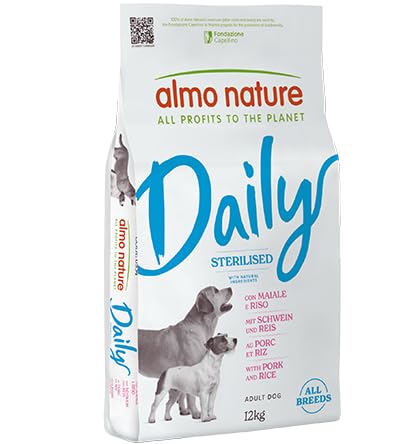 Almo Nature Daily - Crocchette per Cani Sterilizzati - Ideale per il Controllo del Peso - Gusto Maiale e Riso - Sacco da 12 kg