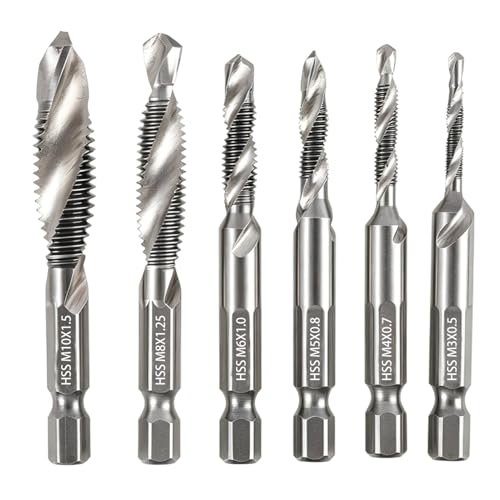 Lot de 6 Forets Taraudeurs Combinés M3 à M10, Taraud Machine à Tige Hexagonale 6 mm avec Revêtement Antirouille, pour Perçage et Taraudage Simultané sur...