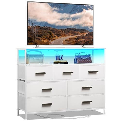 NASHZEN Dresser TV Stand with 7 Drawers, Dresser TV Stand with LED Lights & Power Outlets, Bedroom Dresser, Chest of Drawers up to 45'' Long TV, Wide Fabric Dresser with Open Shelf (White)