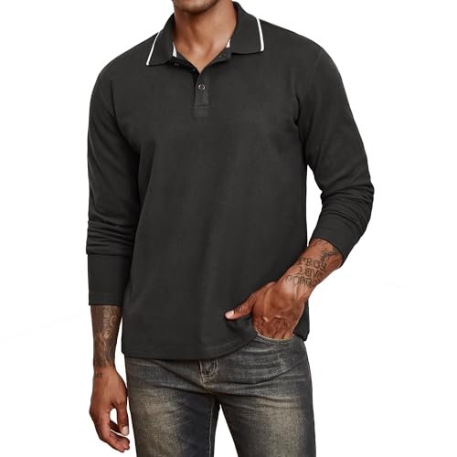 Thkzn Men's Polo Shirts Fleece Lined Long Sleeve Button Down Knit