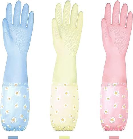 Multicolor 1 pair of Long Sleeve Rubber Gloves Daisy Pattern in a Random Color for Household Use Reusable gloves suitable for various tasks as dishwashing, kitchen work, oven use, and pet cleaning.