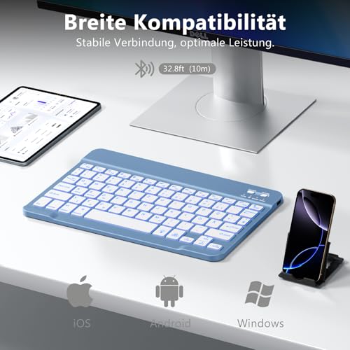 Vobafe Bluetooth Tastatur mit Telefonhalter für iOS/Android/Windows, Kabellose Tablet Tastatur für iPad/iPhone/Samsung/Laptop, Ultradünn Deutsche QWERTZ iPad Keyboard, 7 Farben Beleuchtete, Blau