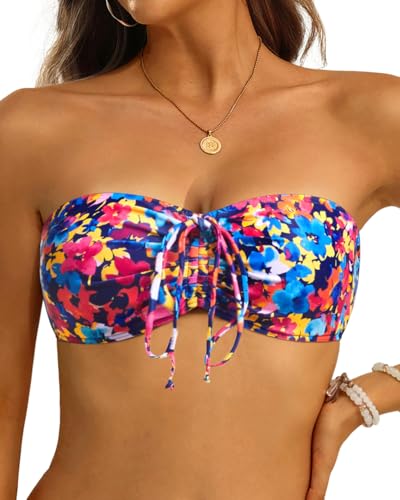Tempt Me Women Colorful Floral Bandeau Bikini Top Strapless Swim Tops Tube Halter Swimsuit Top Only M