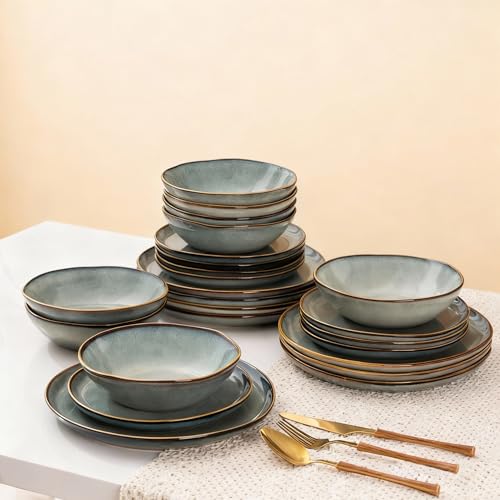 Image of AmorArc Ceramic Dinnerware Sets,Handmade Reactive Glaze Stoneware Plates and Bowls Sets,Highly Scratch Resistant | Dishwasher & Microwave Safe Dishes Set,Service for 6 (18pc)