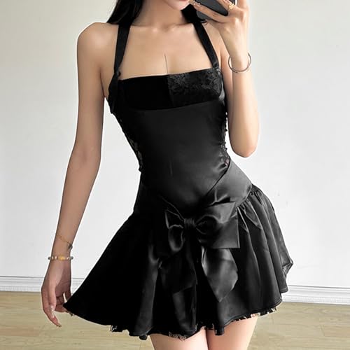 Image of Women's Sexy Dress Hanging Neck Backless Short Skirt Lace Splicing Slimming Shortskirt Pink Bow Mini Skirt