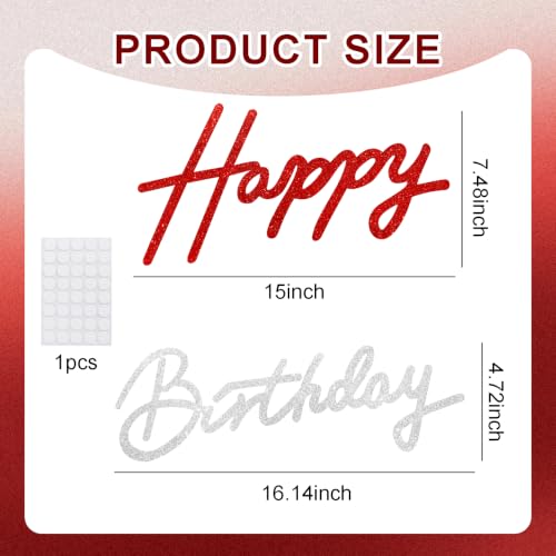 Image of TONIFUL Happy Birthday Sign for Backdrop - Glitter Red Silver Felt Banner - Includes Dot Glue - Perfect for Birthday Party Backdrop,Wall Decr,Balloon Arch,Photo Background