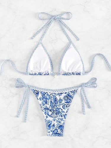 WDIRARA Women's 2 Piece Boho Swimsuits Floral Print Halter String Triangle Bikini Set Beach Bathing Suit2
