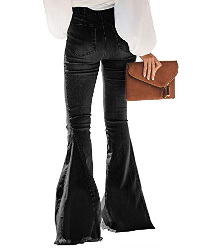 SEMATOMALA Women's Distressed Knee Hole Elastic Waist Pull-on Destoryed Flare Jeans Raw Hem Black Bell Bottom Denim Pants3