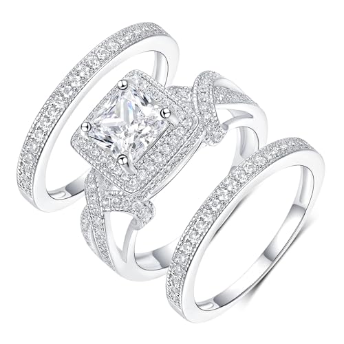 MDFUN Three-In-One Square Wedding Engagement Ring,18K Gold Plated Cubic Zirconia Promise Eternity Ring Set for Women