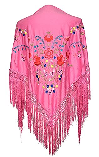 AMINA Medium Peak Shawl Triangle Flamingo or Sevillanas (175 x 75 cm) Pink Body, Multi-Coloured Wildflower Embroidery