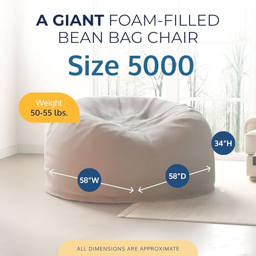 Image of ULTIMATE SACK 5000 5-Foot Bean Bag Chair, Ivory Fur Cover - Oversized Foam Lounger, Floor Seat, Small Sofa, or Couch Bed for Living Area, Gaming Room, or Reading Lounge