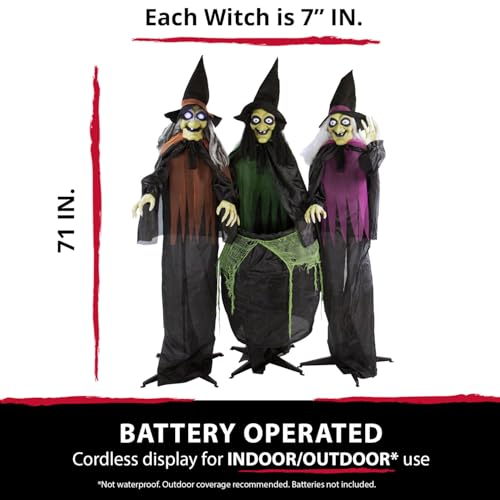 Haunted Hill Farm Life-Size Scary Talking 3 Witches with Cauldron Halloween Animatronic, Indoor or Covered Outdoor Poseable Halloween Decorations with Light up Eyes and Sound, Battery Operated