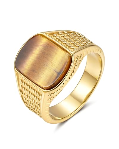YeGieonr Tiger Eye Ring for Men, 18K Gold Plated Mens Signet Ring,Natural Tiger's Eye Gemstone Ring, Non-Tarnish Waterproof Gold Rings for Men, Gift for Him