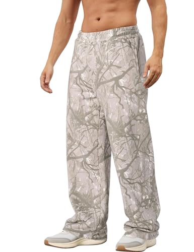 Mens Baggy Camo Sweatpants Open Bottom Elastic Waisted Wide Leg Fleece Joggers Loose Sweat Pants wtih Pockets