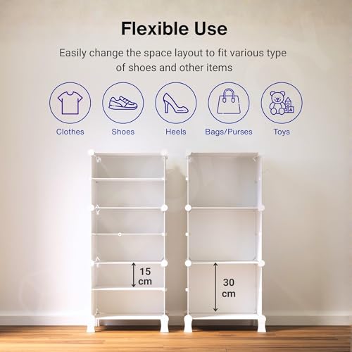 Image of BOXJOY 6 Shelf Shoe Rack with 3 White Doors, 5 Hook Steel Holder & Wooden Hammer, Home Storage PP Plastic Organizer with Metal Door Frame to Cover Chappal Slipper Sandals Shoes Box Stand (White)