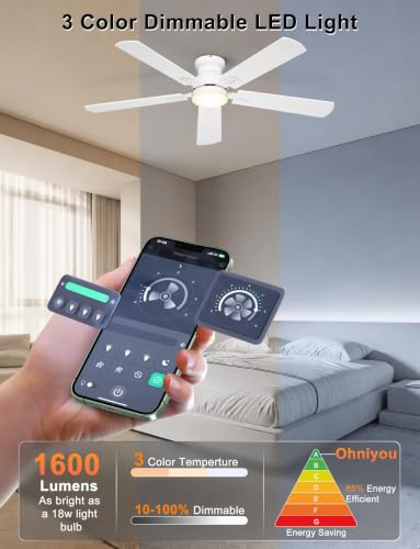 Prime: 52" Ohniyou Low Profile 6-Speed Flush Mount Ceiling Fan (Various Colors) $43.79 & More - image 4